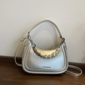 Silver metallic crescent moon hobo bag with pearl heart chain and adjustable strap - Silver