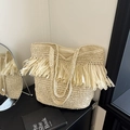 Handmade beige straw tote bag with fringe tassels for summer beach vacation style - Off White