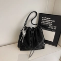Retro black velvet bucket backpack for women with silver butterfly pendant detail - Black (With Pendant)