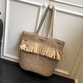 Handmade woven tote bag with fringe details and long shoulder straps for beach vacations - Dark Khaki