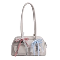 Creamy white PU leather Boston shoulder bag with colorful bows and heart charms - White with Pendant