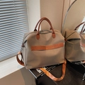 Grand sac cabas en tissu taupe avec poignées en cuir marron et bandoulière réglable - Khaki