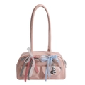 Pink faux leather bow bowling bag with lace ribbons and heart pendants for women - Pink with Pendant