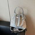 Silver metallic bucket bag with drawstring closure and silver heart angel wing charm - Silver (With Charm)