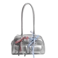 Metallic silver hobo bag with front flap pockets and colorful decorative ribbons - Silver (With Pendant)