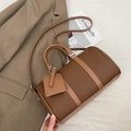 Retro contrast color bowling handbag in dark brown pebbled leather with strap - Brown