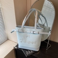 Light blue faux leather tote bag with bow detail and embroidery, stylish large shoulder bag - Blue
