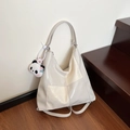 Chic milky white glossy tote bag with checkerboard texture and panda plush pendant - Beige