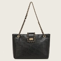 Black woven shoulder bag with golden chain strap and metallic twist lock detail - Black