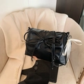 Elegant black ballet-style PU crossbody bag with oversized bow and white ribbon charm - Black (With Pendant)