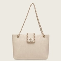 Borsa tote in tessuto bianco avorio con doppie tracolle a catena e chiusura a scatto - Albicocca