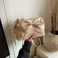 Beige ballet style crossbody bag with large bow detail and silver chain strap - Pink (With Pendant)