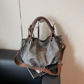 Minimalist smoke grey tote bag with deep brown handles and chic leather patch detail - Black