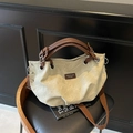 Light beige canvas tote bag with dark brown leather straps and vintage rivet details - Off-white