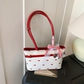Chic cream white shoulder bag with red ribbon patterns and lace bow charm - Off White