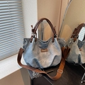 Retro grey-blue large canvas tote bag with adjustable brown straps and metal ring buckles - Blue