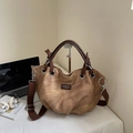Brown large capacity vintage tote bag with wide woven strap and leather handles - Khaki