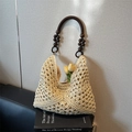 Beige woven straw tote bag with dark brown beaded handles and tulip decorations - Off White