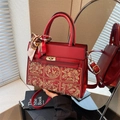 Elegant red Kelly handbag with golden embroidery, floral patterns and silk scarf wrap - Gold Thread Embroidered Kelly Style (With Silk Scarf) / New Chinese Red