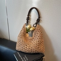Beige woven straw tote bag with brown wooden bead handles and floral decoration - Khaki