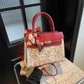 Elegant Chinese style red and white embroidery handbag with silk scarf and gold lock - Red and White Color Block Embroidered Kelly Style (With Silk Scarf) / Off White