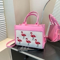 Pink faux leather tote bag with woven panel and flamingo embroidery detailing - Pink