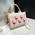 Cream white crossbody tote bag with gray woven panel and five red flamingo embroidery - White