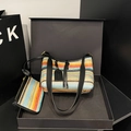 Rainbow woven straw shoulder bag with black leather straps and matching mini pouch - Black Rainbow