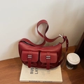 Chic burgundy multi-pocket biker style hobo bag with sleek silver hardware finish - Red
