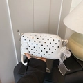 White polka dot square handbag with B-badge and decorative pearl lace pendant - With Charm / White
