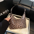 Glossy leopard print hobo bag with adjustable shoulder strap and crescent shape - Khaki