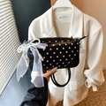 Black and white polka dot small square bag with pearl heart and mesh bow accent - With Charm / Black