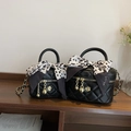 Black quilted mini crossbody bag set with golden ball chain and decorative silk scarf - Small / Black