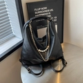 Versatile black hobo backpack with large capacity, featuring gold chains and pearls - Black