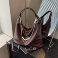 Versatile dark coffee large tote bag with pearl chain detail and glossy finish - Coffee