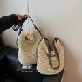 Pastel cream straw tote bag with dark brown leather straps in a minimalist indoor setting - Rice White Large