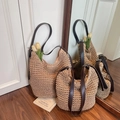 Woven straw tote bag in beige with brown leather straps, available in large and small sizes - Khaki Large