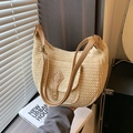 Borsa a spalla in paglia intrecciata beige con cinturini in pelle marrone e fibbie metallo - Beige
