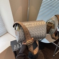 Sac cylindrique tressé argent métallisé avec bandoulière large jacquard rétro - Argenté