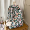 Cute green school backpack with white rabbit and rose floral patterns including plush charm - Rabbit with Pendant