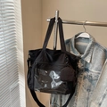 Versatile black nylon tote bag with clear PVC pocket and mini round coin purse charm - Black