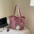 Pink nylon tote bag with transparent PVC pocket and matching small round pouch charm - Pink