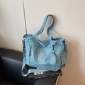Morandi blue nylon tote bag with adjustable strap and matching round zipper pouch - Blue