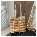 Sac cabas en maille à rayures jaunes et crème avec cordons tressés colorés - Jaune