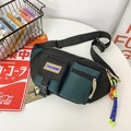Fashionable black and green chest bag with adjustable strap and smiley accessory - Black (With Charm)