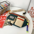Fashionable dark green and beige canvas chest bag with orange zipper and functional pockets - Green (With Pendant)