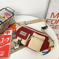 Maroon and beige multi-pocket tactical crossbody chest bag with decorative chain - Red (With Charm)
