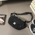 Street style black nylon crossbody chest bag with adjustable strap and mesh pocket - Black