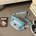 Streetwear crossbody chest bag in light blue and beige nylon with adjustable straps - Blue
