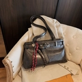 Retro dark grey tote bag with vintage texture and heart pendant on beige sofa - Black (With Pendant)